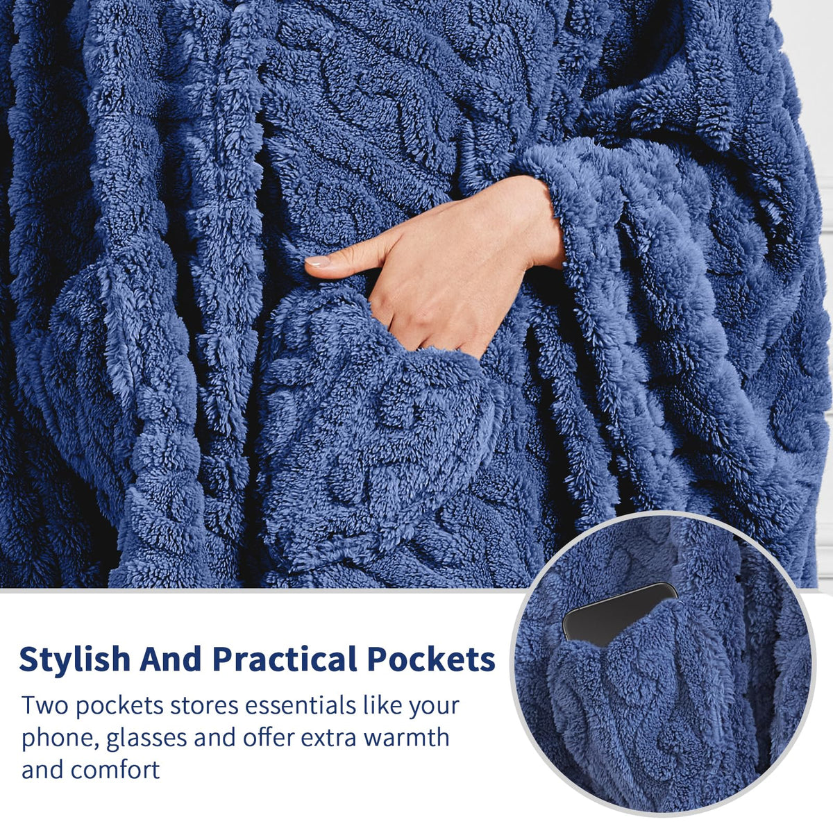 Mowkim wearable blanket with pockets for essentials like phone or glasses.