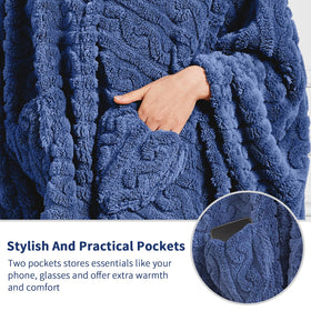 Mowkim wearable blanket with pockets for essentials like phone or glasses.