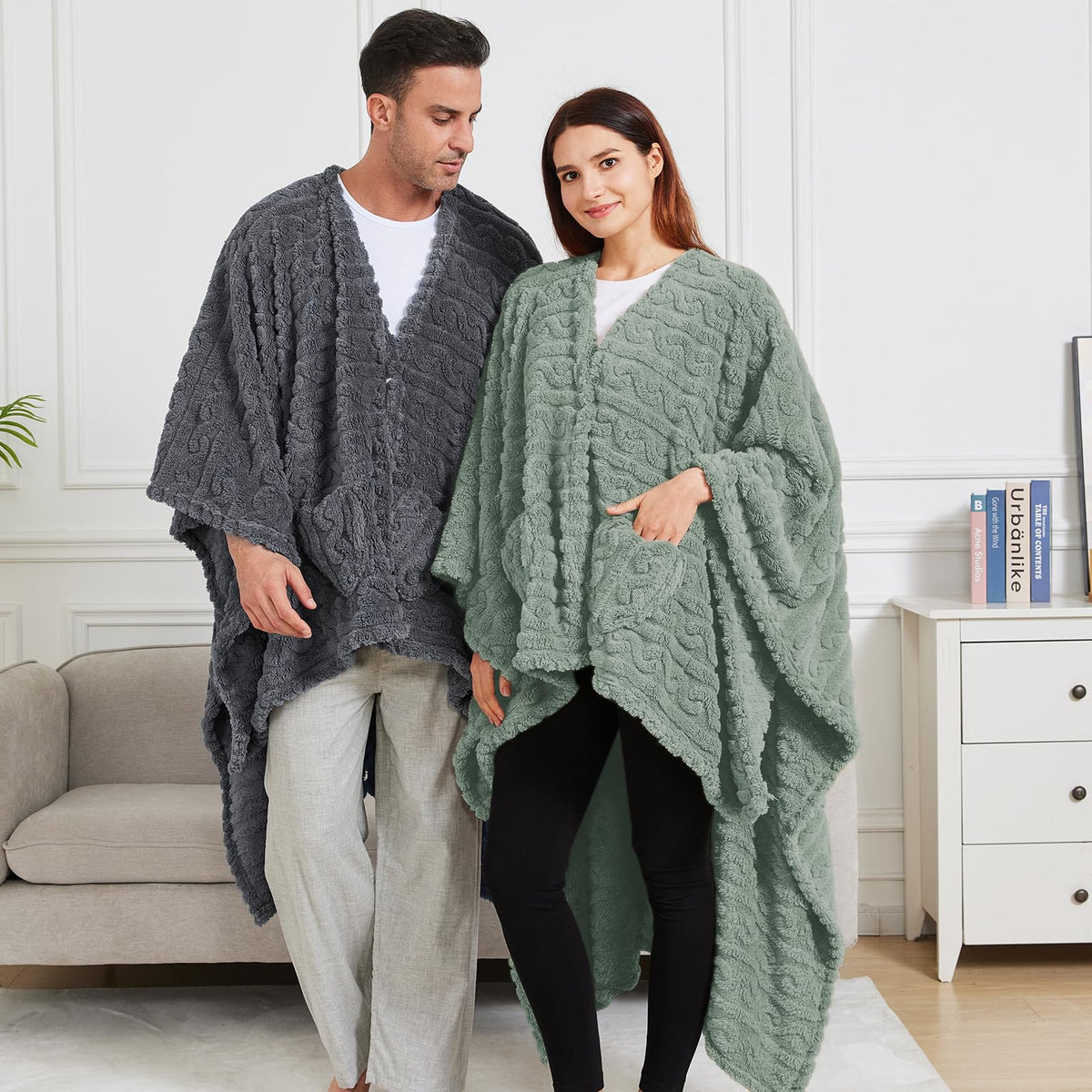 Mowkim sage wearable blanket shown on couch for relaxed comfort.