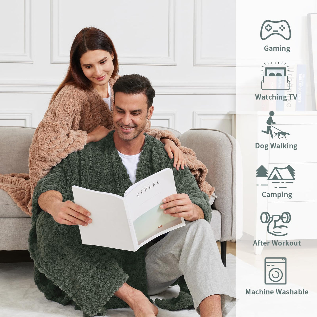 Mowkim sherpa fleece blanket with pocket design for essentials.