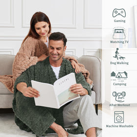 Mowkim sherpa fleece blanket with pocket design for essentials.