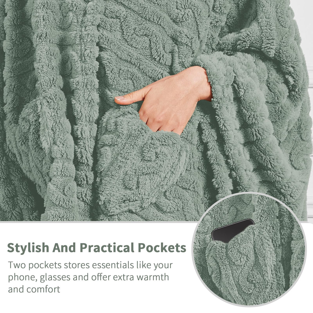 Mowkim sherpa fleece shawl with pockets keeps essentials close.