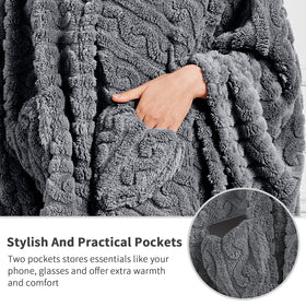 Mowkim sherpa fleece shawl use demonstrates cozy cape-style warmth during lounge time.