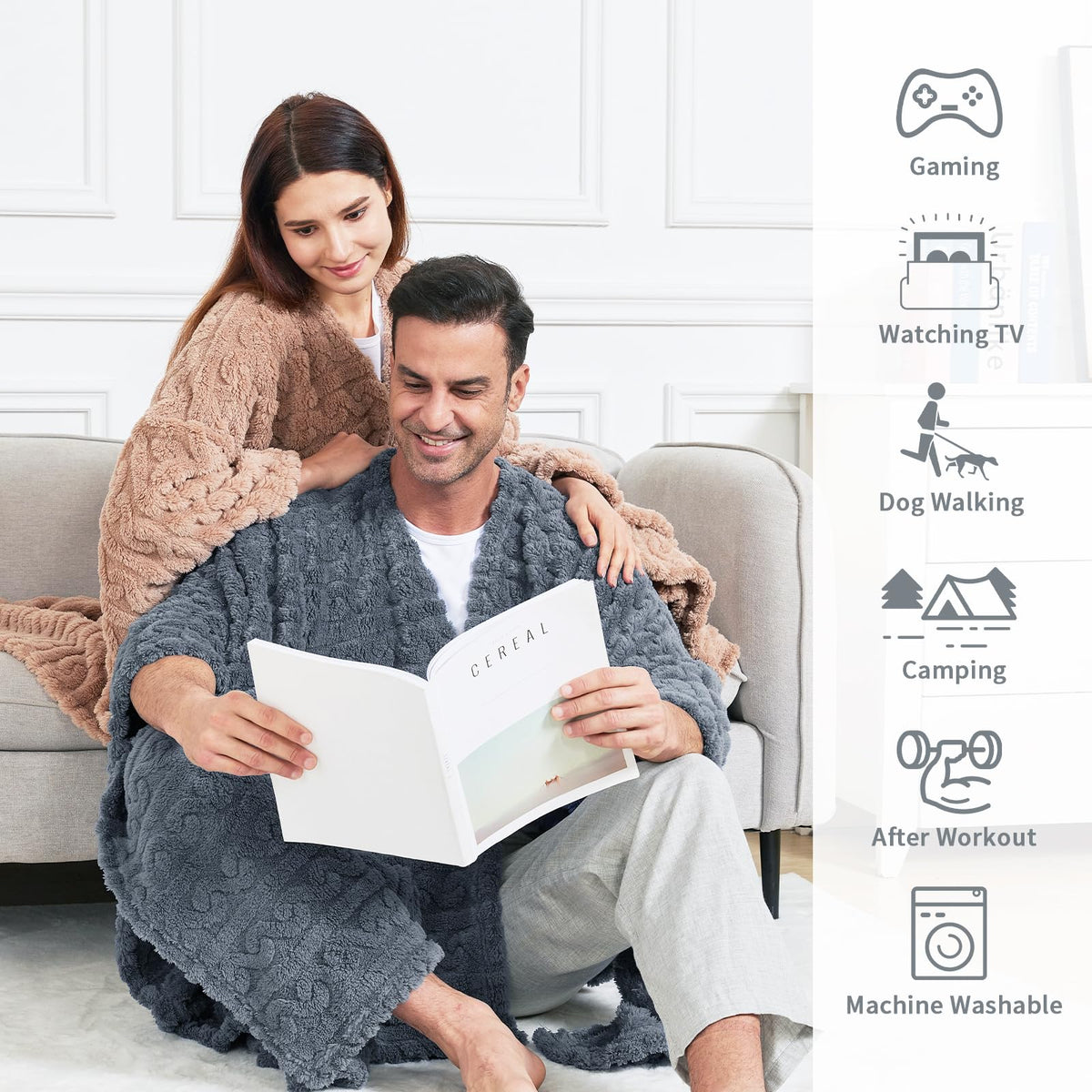 Mowkim wearable blanket grey with pockets highlights convenient storage for phone and glasses.