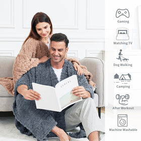 Mowkim wearable blanket grey with pockets highlights convenient storage for phone and glasses.