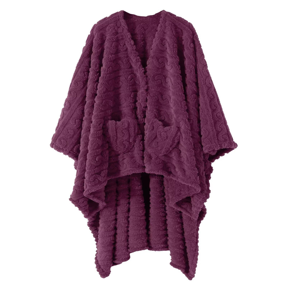 Mowkim wearable blanket sherpa fleece cape-wrap provides warm hands-free comfort at home.
