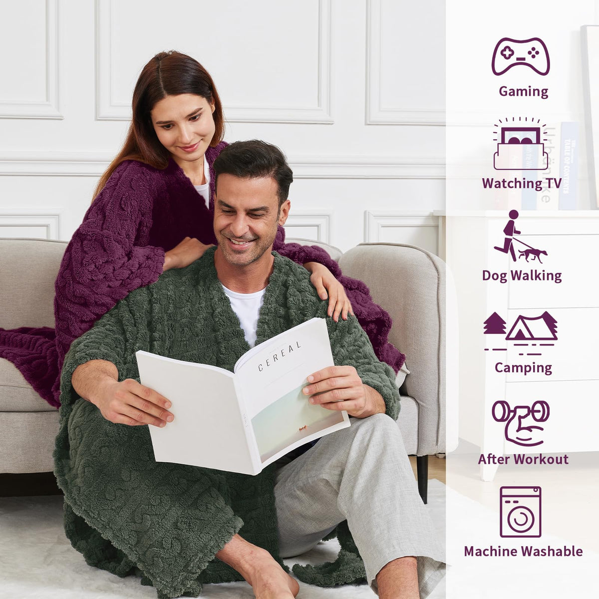 Mowkim wearable blanket with pockets keeps essentials close while relaxing.