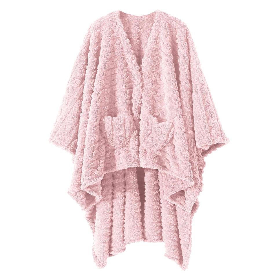 Mowkim wearable blanket pink cape wrap demonstrates full-body warmth and hands-free comfort