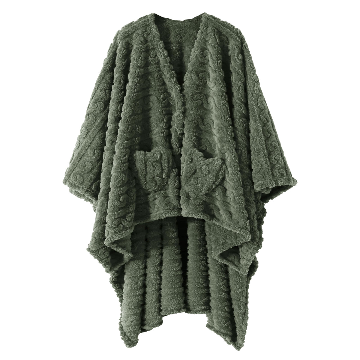 Mowkim wearable blanket sherpa shawl in green with pockets for warmth.