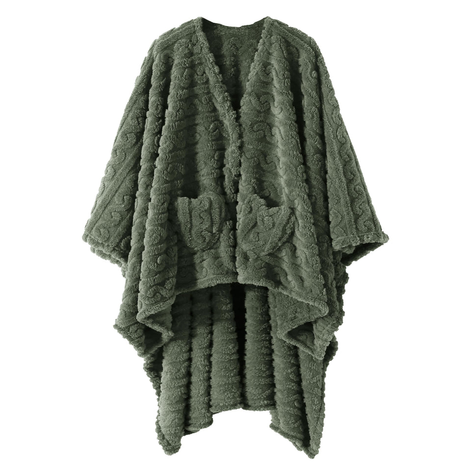 Mowkim wearable blanket sherpa shawl in green with pockets for warmth.