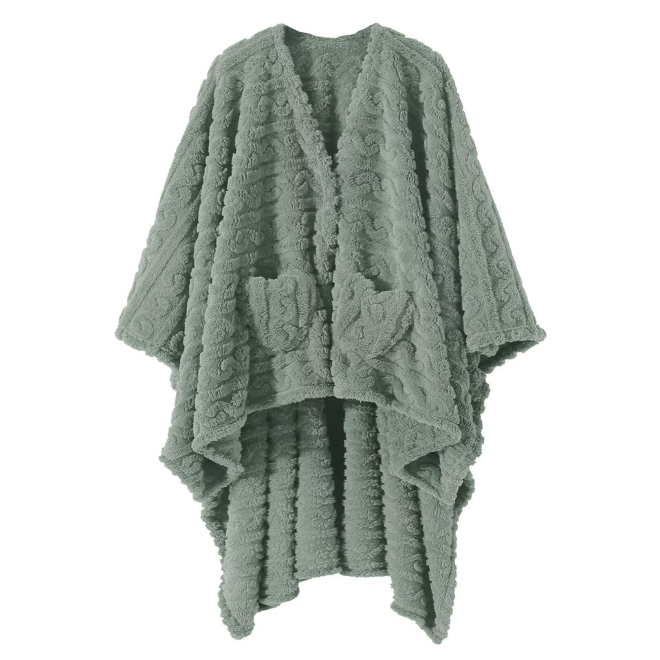 Mowkim wearable sherpa blanket with pockets in sage for cozy lounging.