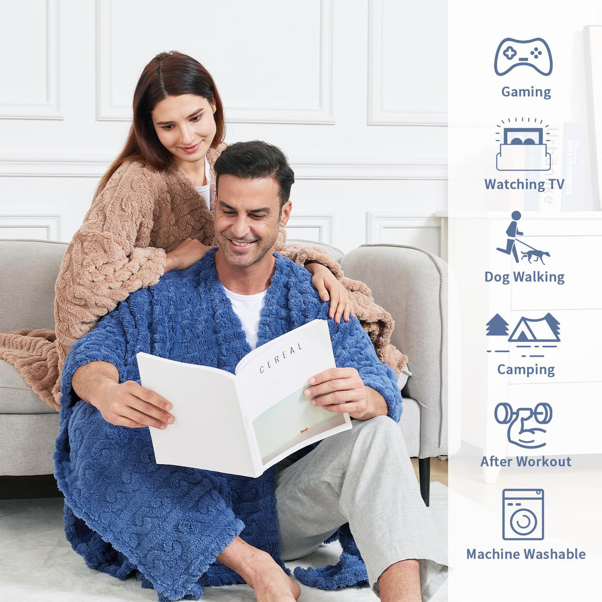 Mowkim wearable sherpa blanket with pockets keeps essentials nearby