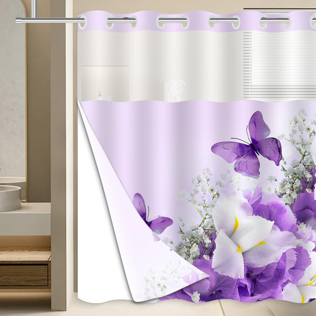 Mowxune no-hook purple shower curtain with floral motif for quick hook-free installation.