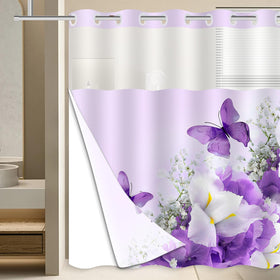 Mowxune no-hook purple shower curtain with floral motif for quick hook-free installation.