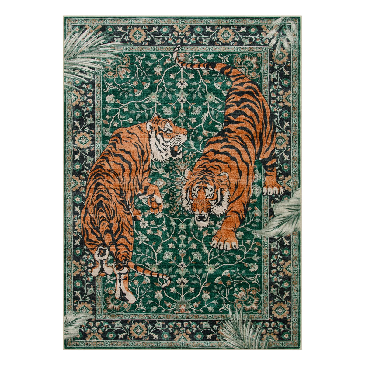 Boho-pattern Moynesa Tiger 5x7 rug enhances warm bedroom decor.