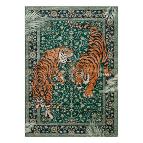 Boho-pattern Moynesa Tiger 5x7 rug enhances warm bedroom decor.