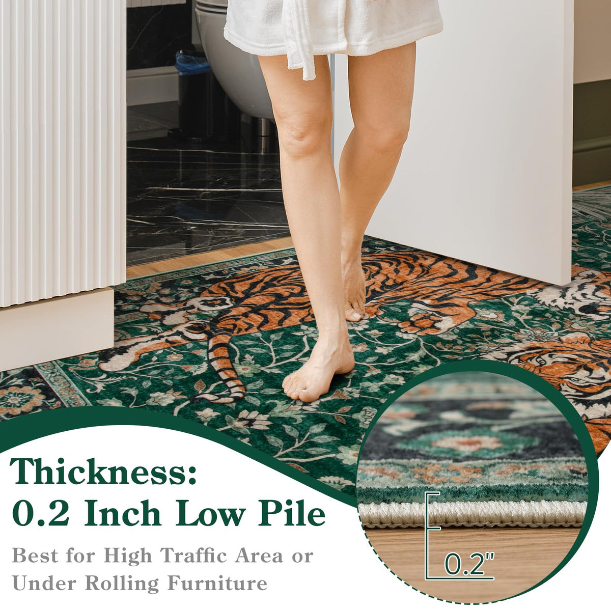 Soft faux-wool material from Moynesa Tiger 5x7 rug for cozy floors.