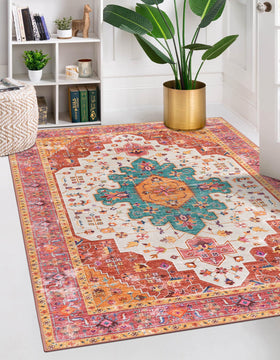 Moynesa ultra-thin vintage rug front view in pink-teal medallion design for living rooms