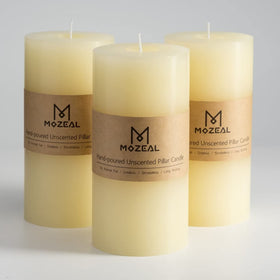 MOZEAL 3x6 ivory unscented pillar candles for a dripless, long-burning wedding or dinner decor
