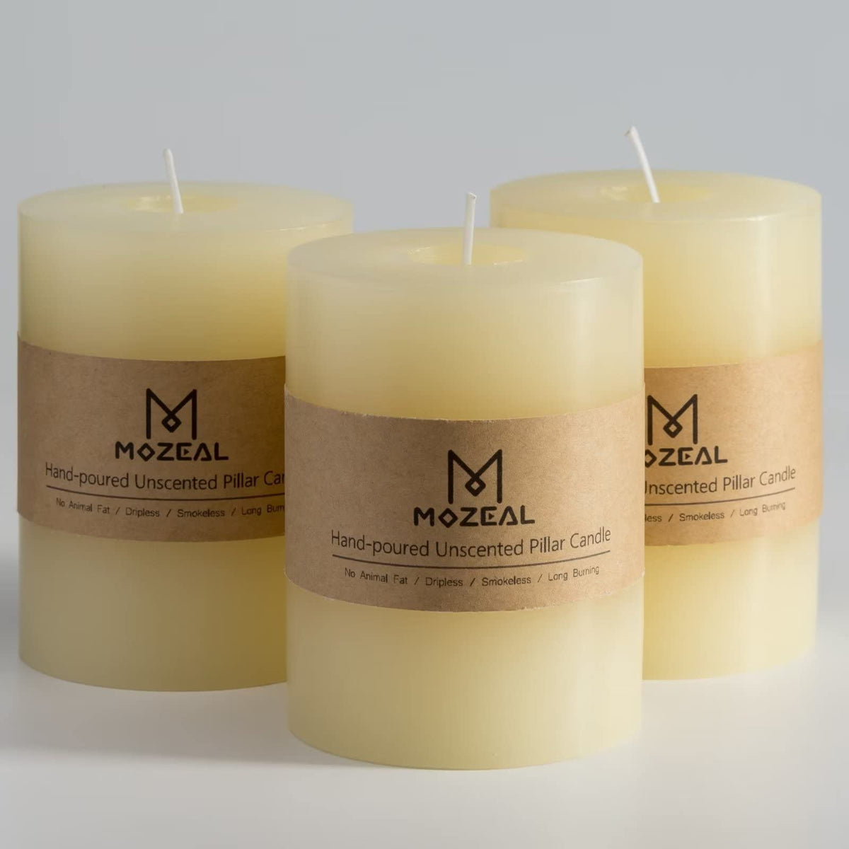 MOZEAL unscented candle 3x4 ivory pillar, dripless set of 3 for clean, even burns.
