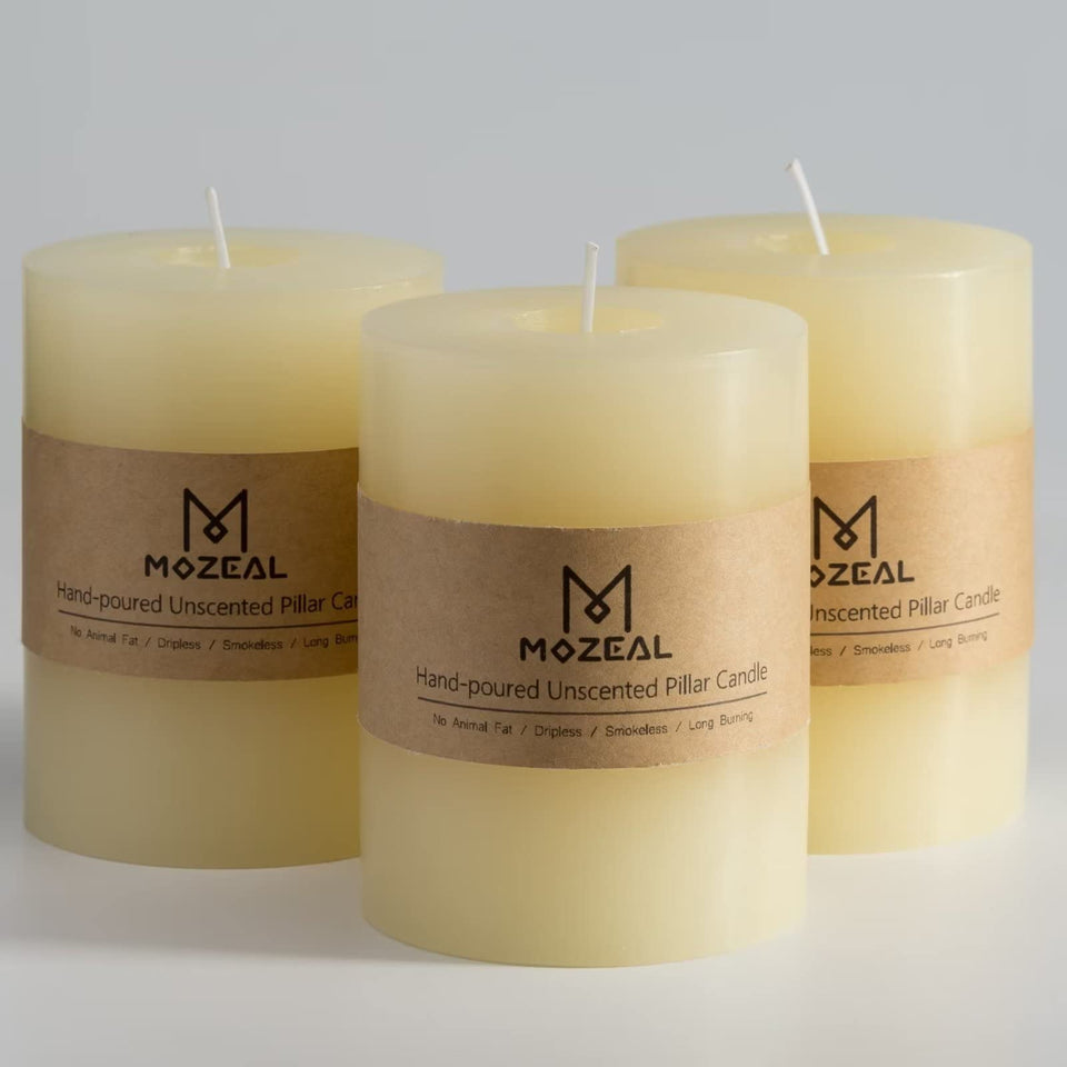 MOZEAL unscented candle 3x4 ivory pillar, dripless set of 3 for clean, even burns.
