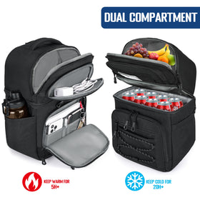 Mozeto lunch cooler backpack lower cooler compartment stores drinks and snacks with a leakproof design.