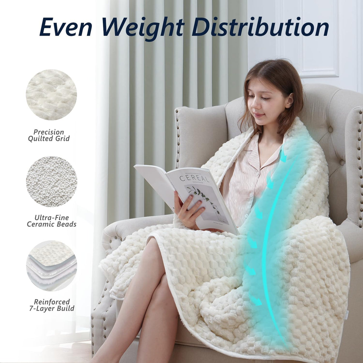 Mr. Sandman weighted blanket with ceramic beads provides even weight distribution.