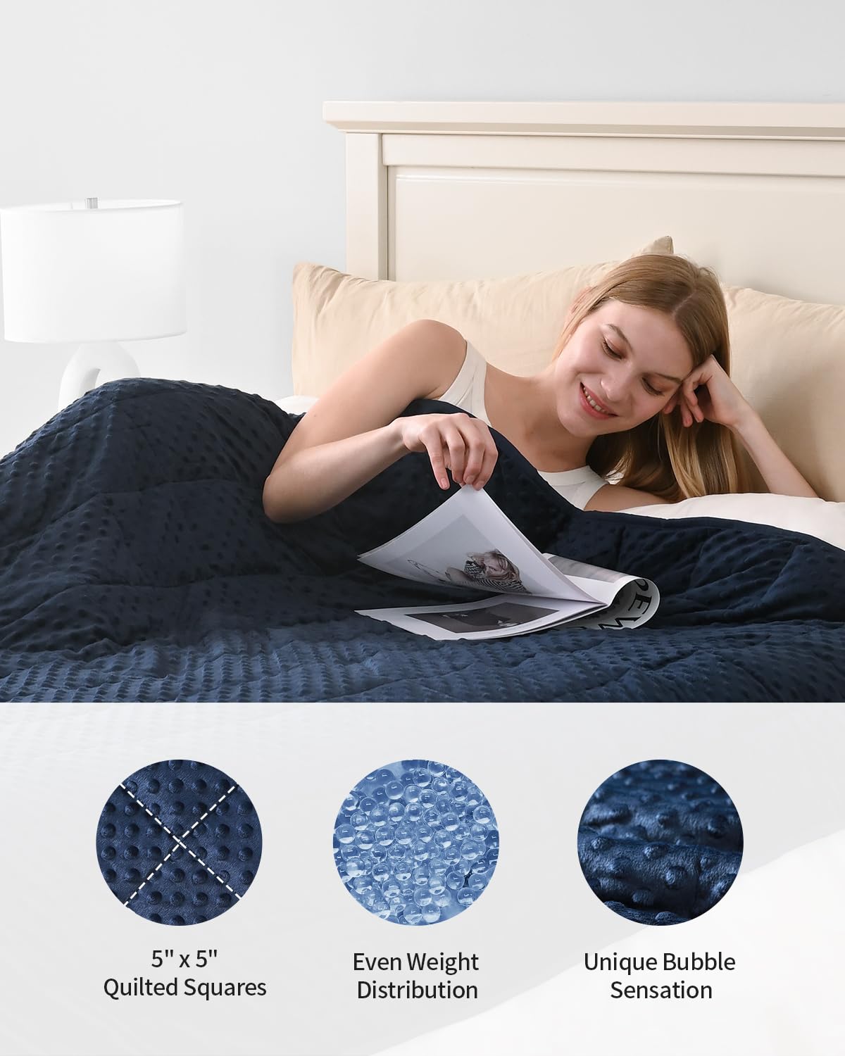 Mr. Sandman navy blue blanket folded neatly on bed.