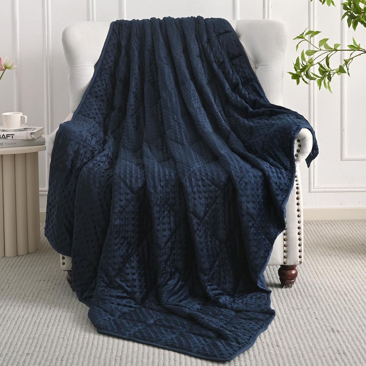 Mr. Sandman weighted blanket in navy blue for soothing nights.