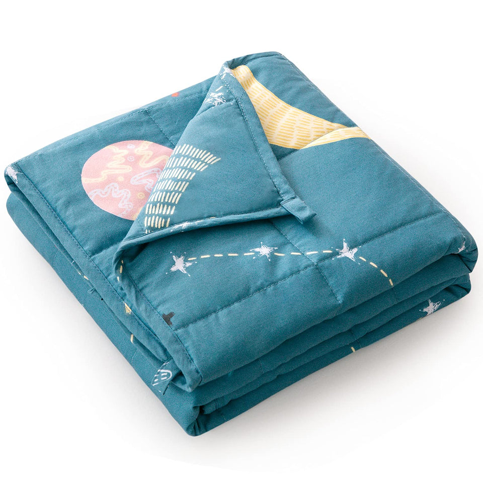 Mr. Sandman weighted blanket star moon blue fabric close-up for cozy nights