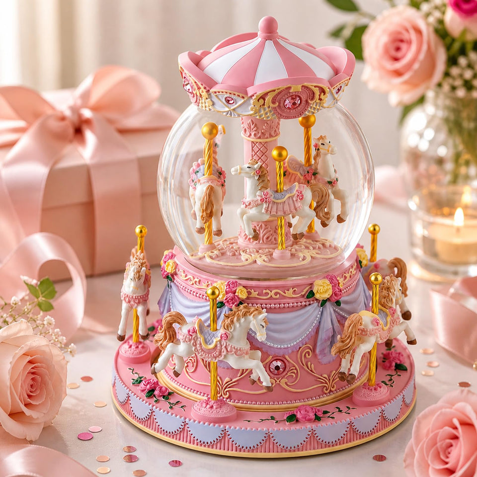 Mr. Winder carousel snow globe with rotating-horses adds whimsical motion to your decor