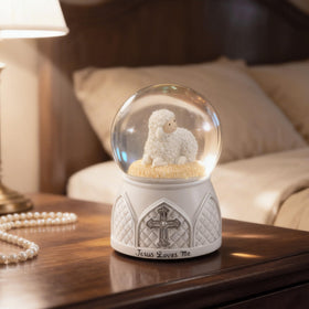 Mr.Winder Jesus Loves Me snow globe front view, soothing hymn for daily reflection
