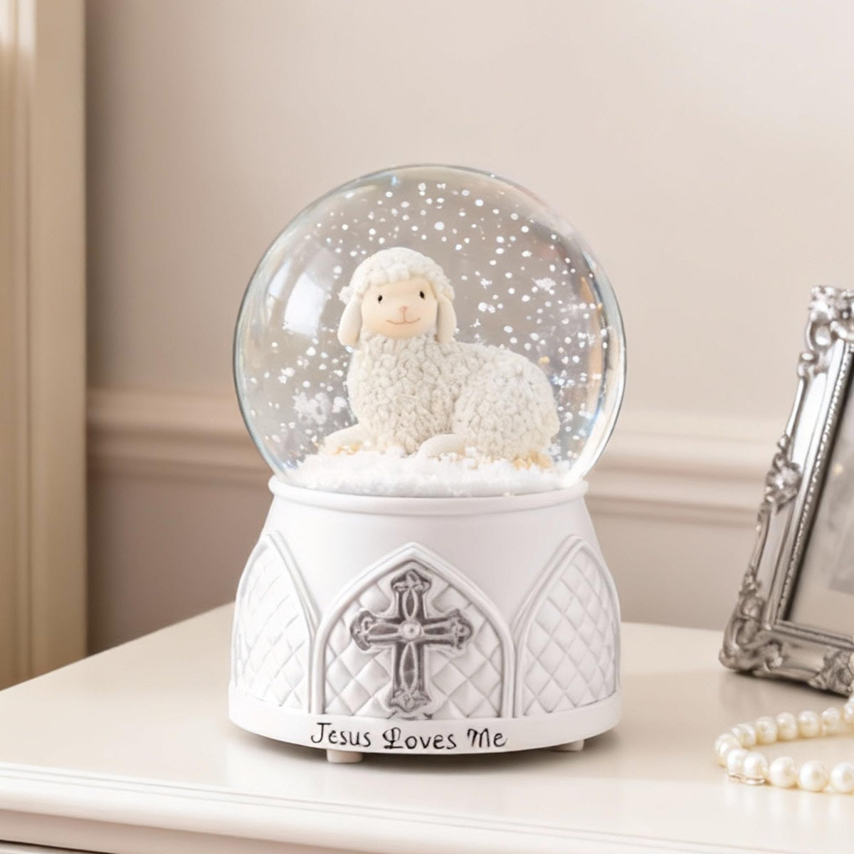 Mr.Winder snow globe glass-detail, serene scene for quiet reflection and faith-inspired home decor