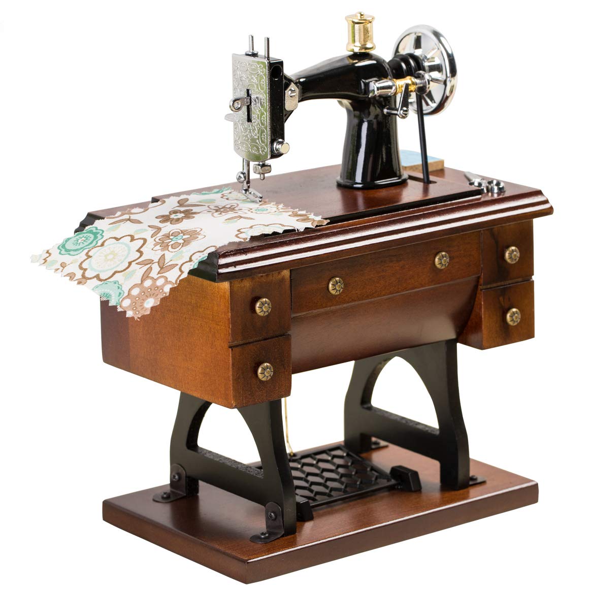 Mr.Winder sewing machine music box wind-up action creates nostalgic atmosphere