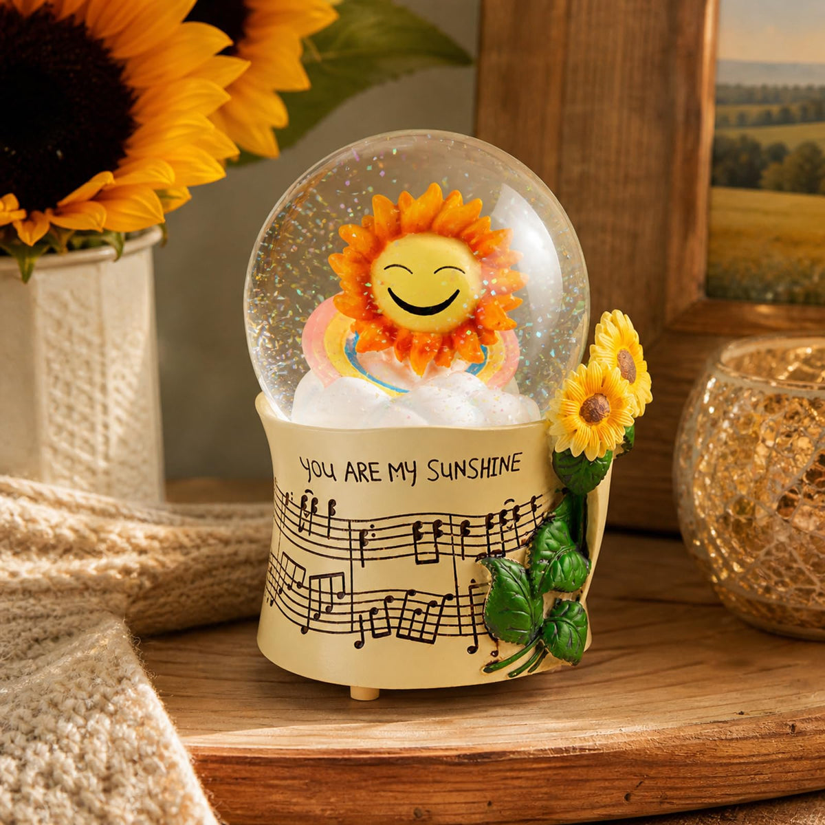 Mr. Winder Sunflower accents snow globe highlights cheerful decor and positive vibes.