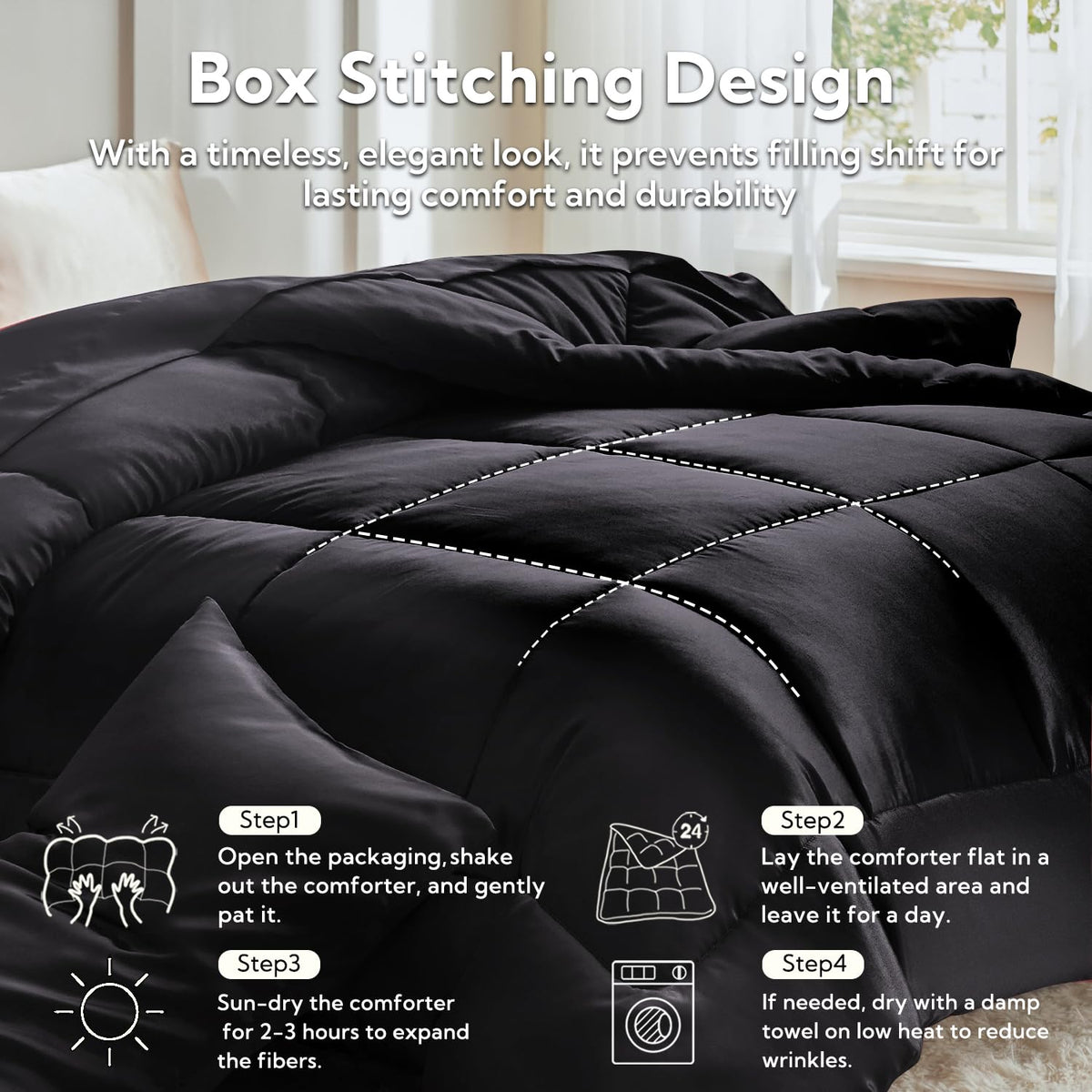 MR&HM box-stitched quilting prevents filling shifting and clumping.