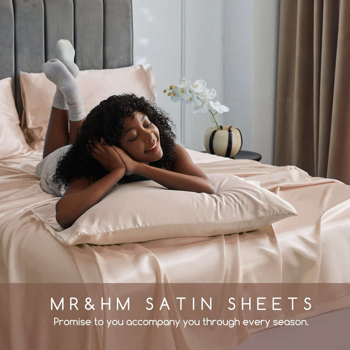 MR&HM satin sheets in champagne bedroom scene