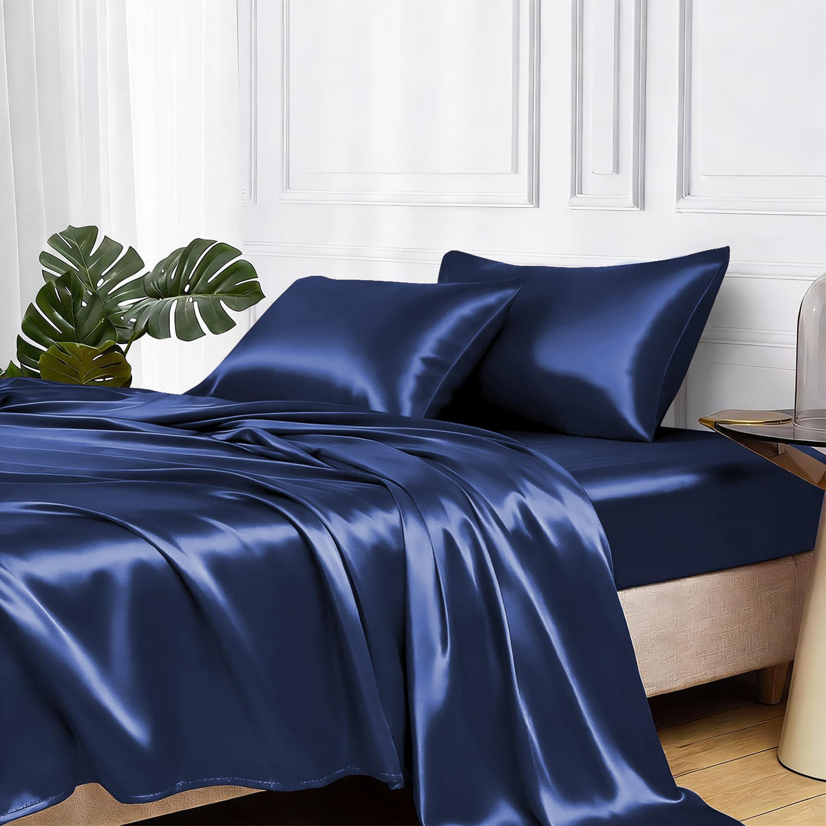MR&HM satin bed sheets queen set, four pieces, silky feel for smooth sleep.