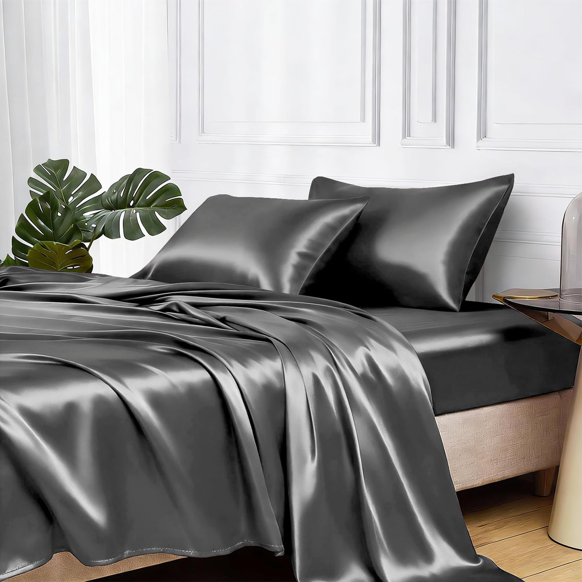 MR&HM satin bed sheets queen flat sheet with a silky, smooth sleep surface.