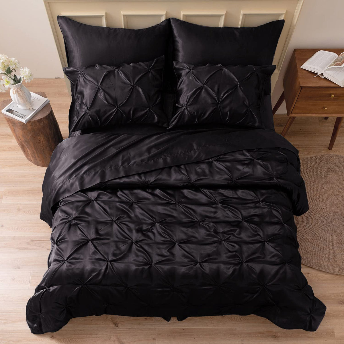 MR&HM satin comforter full 7-piece set in luxurious black for a bedroom upgrade.