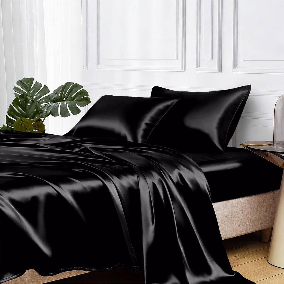 MR&HM satin sheets with elastic corner straps secure a twin bed for smooth nights