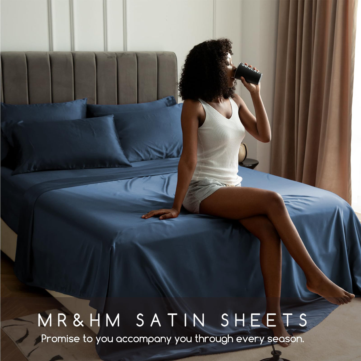 Close-up texture of satin fabric in mood indigo feels breathable.