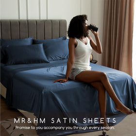 Close-up texture of satin fabric in mood indigo feels breathable.