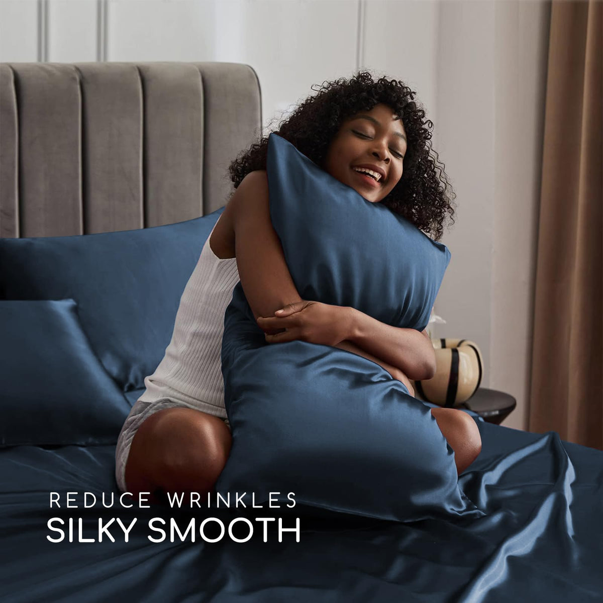 MR&HM queen fitted sheet with 15-inch pocket in mood indigo.