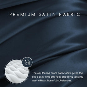 MR&HM mood indigo satin flat sheet drapes smoothly over the mattress.