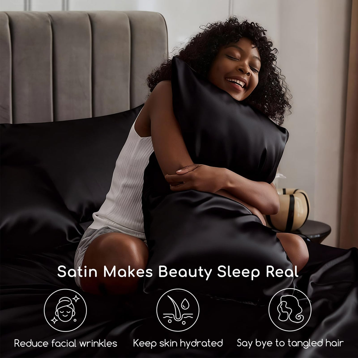 MR&HM elastic corner straps keep satin sheets in place overnight.