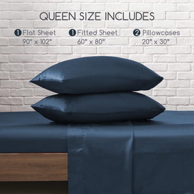 MR&HM satin sheets in mood indigo offer affordable luxury.