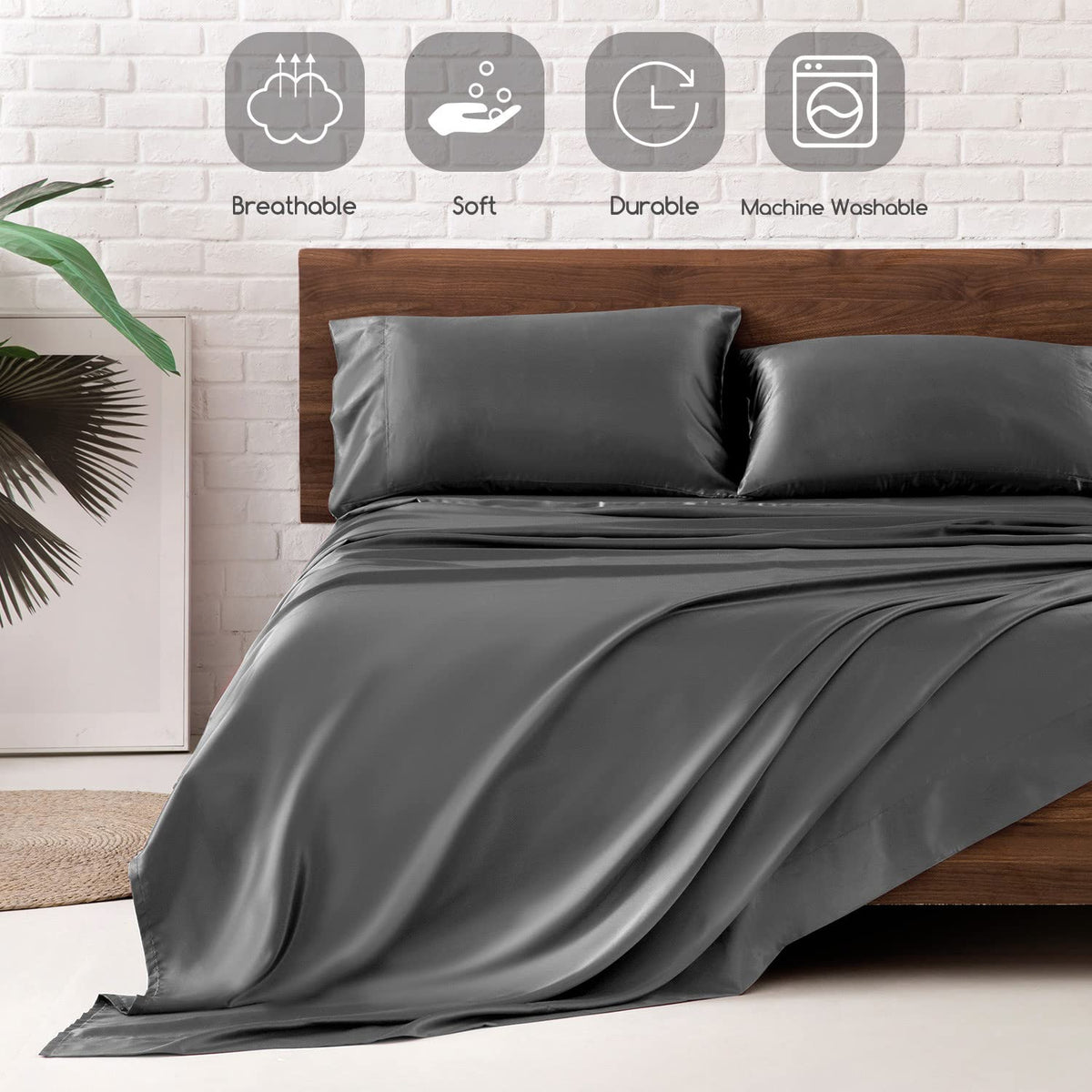 MR&HM satin sheets on bed demonstrate gentle skin and hair comfort.