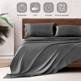 MR&HM satin sheets on bed demonstrate gentle skin and hair comfort.