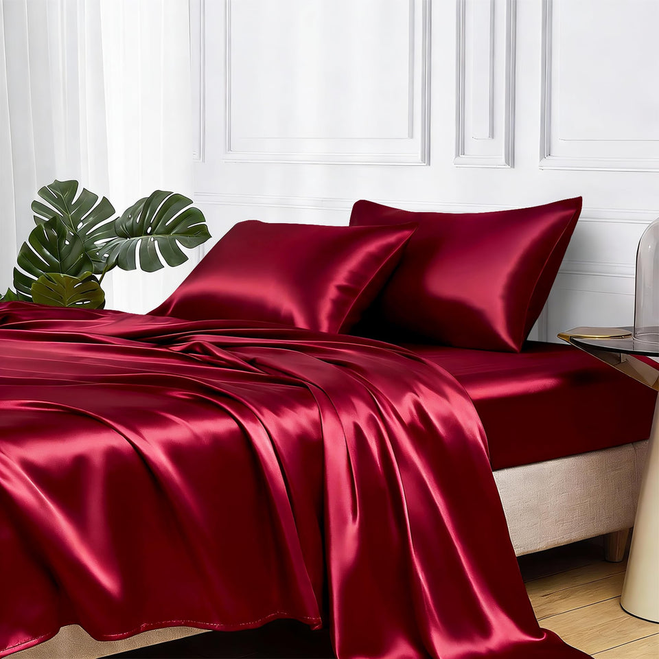 MR&HM satin burgundy flat sheet close-up highlighting a smooth surface for comfy nights